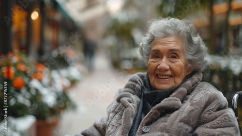 Elderly Woman Smiling Joyfully in Winter