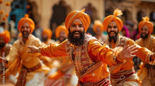 A group of men performing the traditional Bhangra dance in Punjab, capturing the energetic and joyful spirit of this cultural dance form
