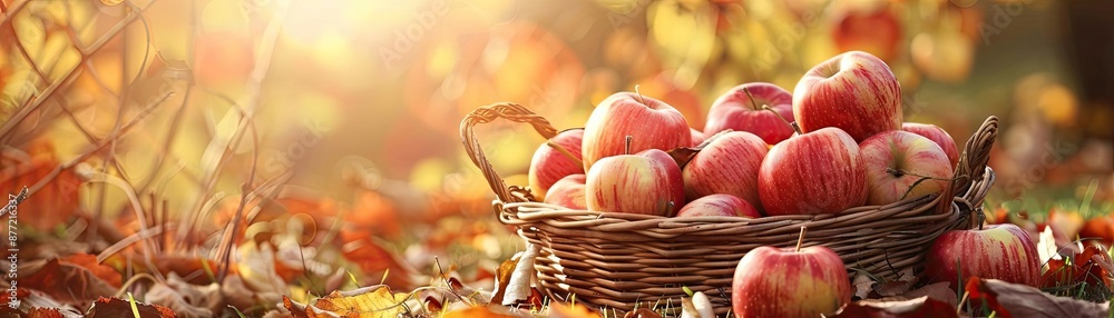 A wicker basket full of red apples in an autumn setting, surrounded by fallen leaves, under warm sunlight capturing the essence of fall harvest. A wicker basket full of red apples in an autumn setting, surrounded by fallen leaves, under warm sunlight capturing the essence of fall harvest.