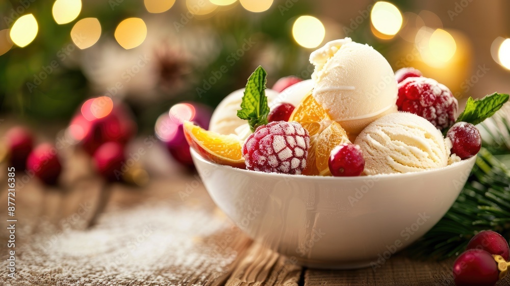 Festive dessert with ice cream, winter berries, and orange slices in white bowl Festive dessert with ice cream, winter berries, and orange slices in white bowl