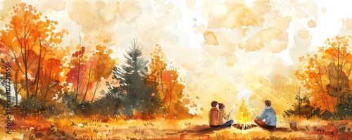 Two people sit around a campfire in an autumn forest, surrounded by vibrant fall foliage and warm sunlight filtering through the trees. photo