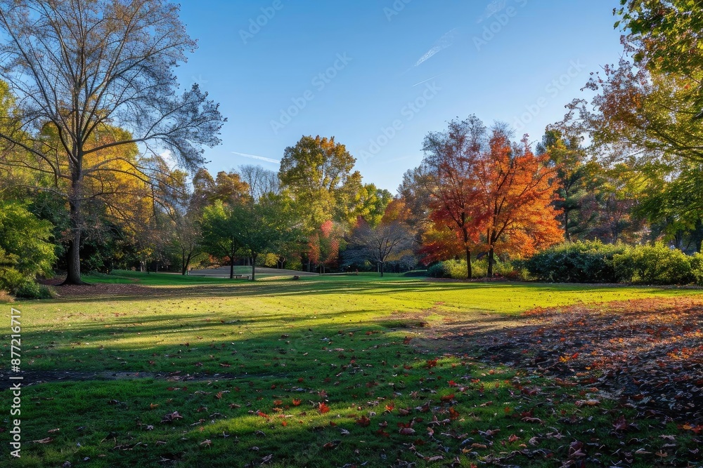Serene park landscape with colorful autumn trees, lush green grass, and a bright blue sky on a sunny day. Serene park landscape with colorful autumn trees, lush green grass, and a bright blue sky on a sunny day.