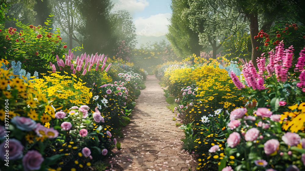 Colorful Garden Pathway with Blooming Flowers Representing Serenity and Beauty Colorful Garden Pathway with Blooming Flowers Representing Serenity and Beauty