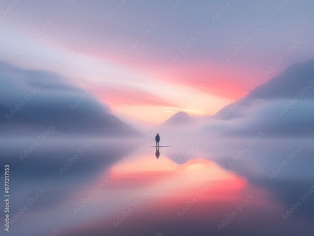 Obraz premium Solitary Figure Standing in Tranquil Misty Lake at Sunrise