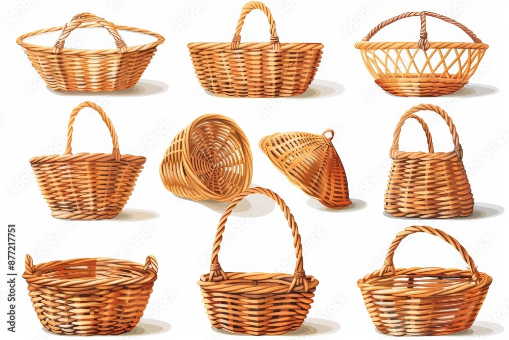 A collection of assorted wicker baskets in various shapes and sizes, showcasing intricate weaving and traditional craftsmanship. A collection of assorted wicker baskets in various shapes and sizes, showcasing intricate weaving and traditional craftsmanship.