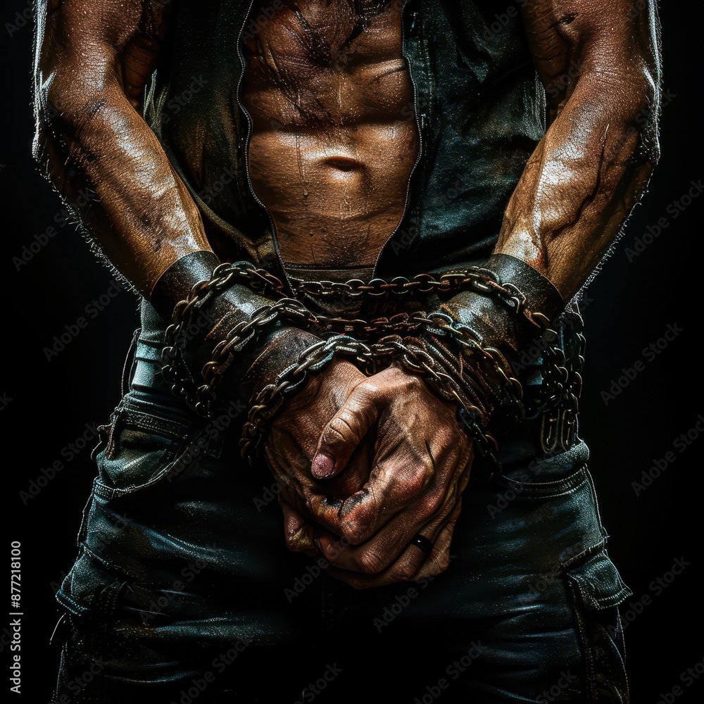 Muscular man with chained wrists, highlighting strength and struggle in a dark, intense setting. Powerful imagery of bondage and resilience. Muscular man with chained wrists, highlighting strength and struggle in a dark, intense setting. Powerful imagery of bondage and resilience.