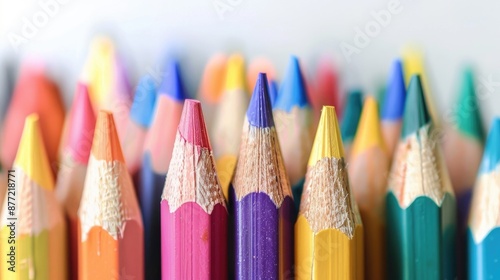 Fototapeta Naklejka Na Ścianę i Meble -  Color pencil on white background symbolizes office supplies