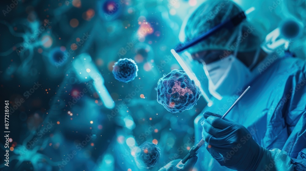 A scientist in a lab coat is holding a syringe and looking at a cell under a microscope A scientist in a lab coat is holding a syringe and looking at a cell under a microscope