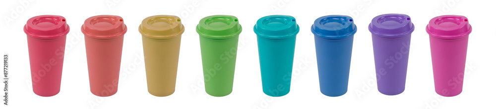 Set of Colorful empty plastic cups with lid isolated on white background with clipping path. Set of Colorful empty plastic cups with lid isolated on white background with clipping path.