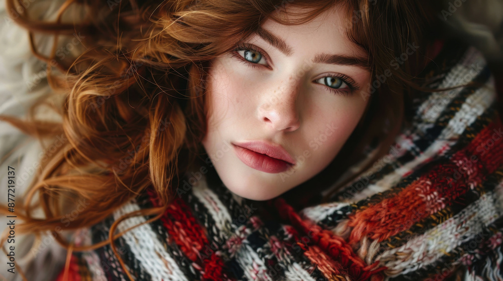 A day of cozy knitted plaid. a girl in a cozy knitted sweater. a woman in a cozy knitted plaid