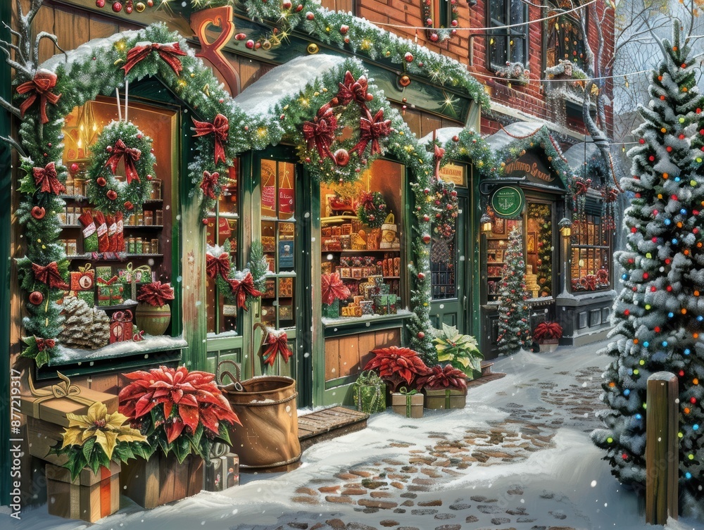 Fototapeta premium A Christmas scene with a store front with a wreath on the door. The store is decorated with Christmas decorations and there are potted plants and boxes on the sidewalk