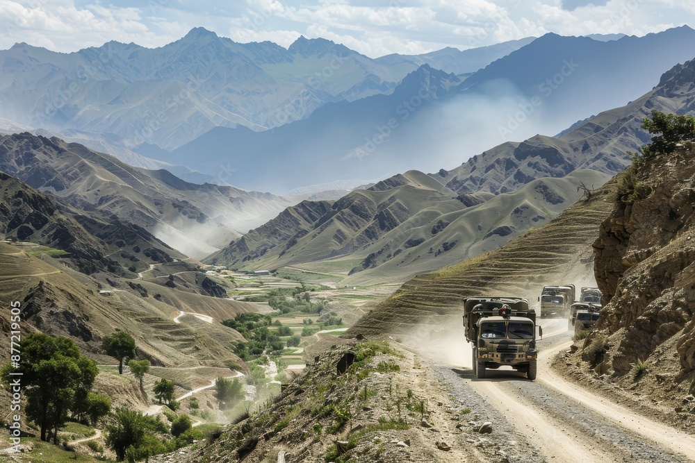 Military Convoy in Mountainous Terrain - Showcasing the Rugged Journey of Soldiers Through Challenging Landscape Military Convoy in Mountainous Terrain - Showcasing the Rugged Journey of Soldiers Through Challenging Landscape