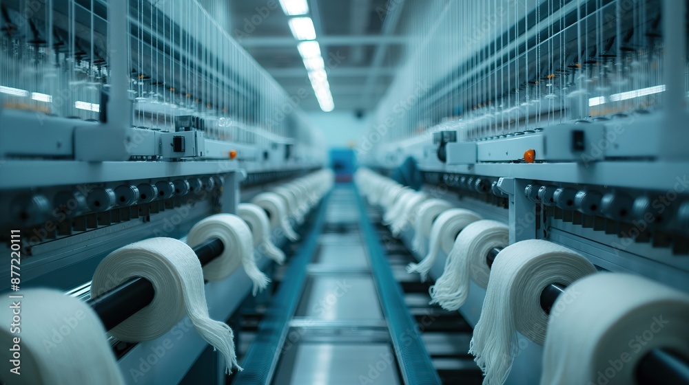 Obraz premium spinning yarn mills machines with white thread in the automated textile factory workshop
