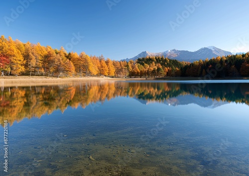 Tranquil Autumn Lake with Colorful Trees and Mountain Reflections on a Sunny Day