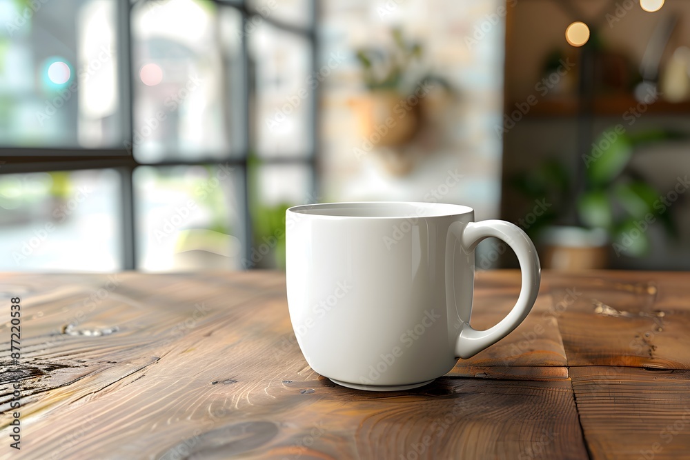 A mockup closeup of a plain white coffee cup on a rustic wooden table with a cozy cafe background, ideal for showcasing logos and branding. A mockup closeup of a plain white coffee cup on a rustic wooden table with a cozy cafe background, ideal for showcasing logos and branding.