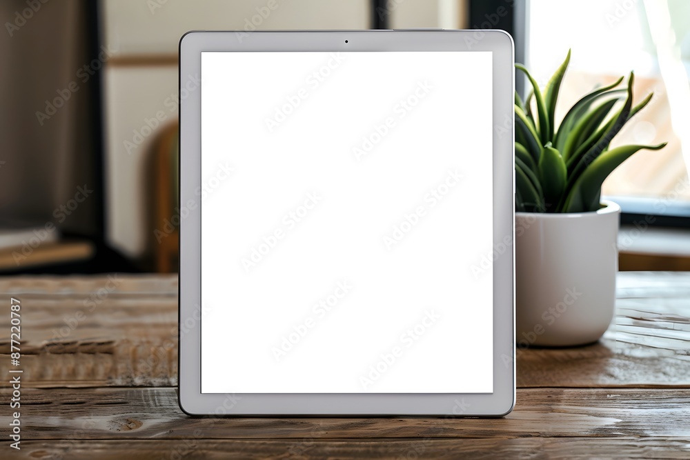 A mockup closeup of a white tablet screen on a wooden desk with a minimalist workspace background, ready for displaying app interfaces or images. A mockup closeup of a white tablet screen on a wooden desk with a minimalist workspace background, ready for displaying app interfaces or images.