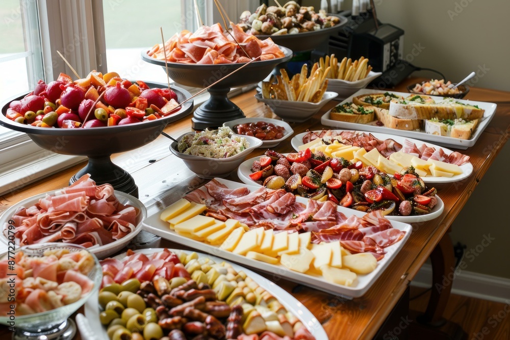 Lavish buffet with various cheeses, meats, and fruits elegantly displayed Lavish buffet with various cheeses, meats, and fruits elegantly displayed