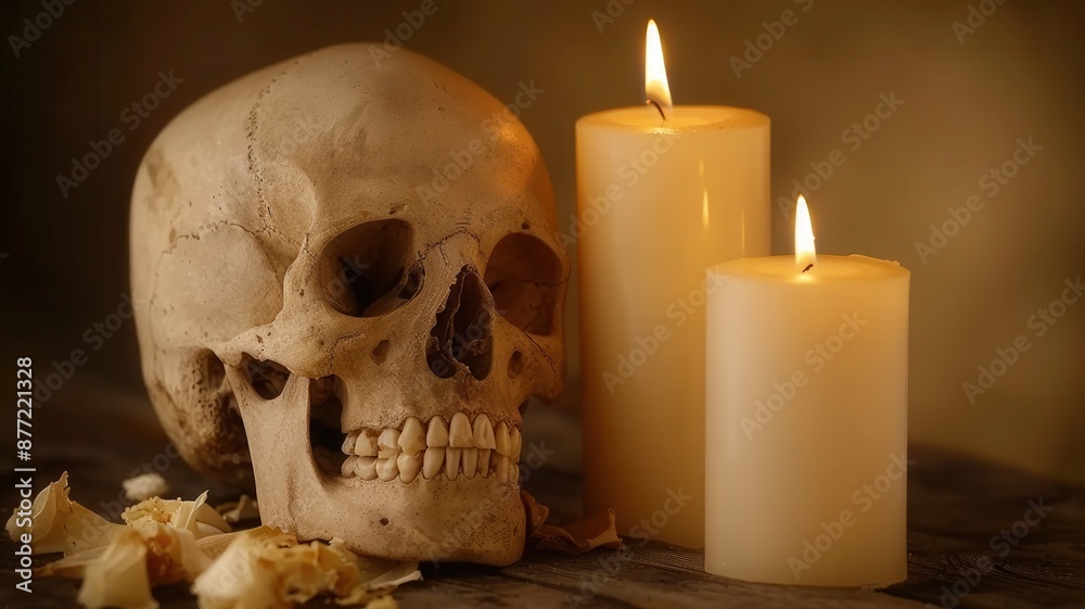 Creepy skull next to burning candles, perfect for Halloween and horror themes. Ideal for eerie, mystical, or Gothic projects. Creepy skull next to burning candles, perfect for Halloween and horror themes. Ideal for eerie, mystical, or Gothic projects.