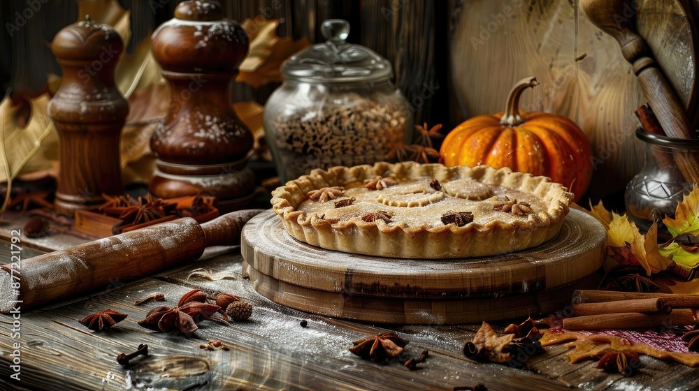 Rustic autumn scene with a homemade pie on a wooden table surrounded by fall leaves, spices, a pumpkin, and kitchen utensils. Rustic autumn scene with a homemade pie on a wooden table surrounded by fall leaves, spices, a pumpkin, and kitchen utensils.