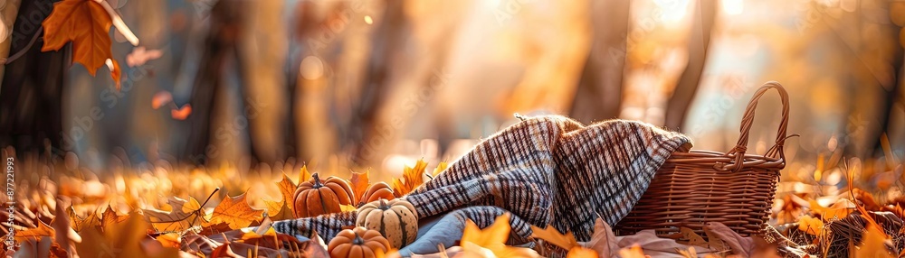 Autumn picnic in forest with blanket and basket. Bright fall foliage creating cozy atmosphere for outdoor relaxation. Autumn picnic in forest with blanket and basket. Bright fall foliage creating cozy atmosphere for outdoor relaxation.