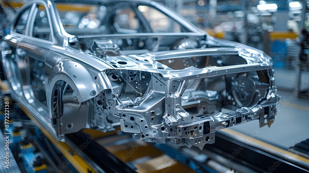 Fototapeta premium A car frame is being built on the assembly line in an automotive factory, showcasing its construction process and advanced technology used for various cars.