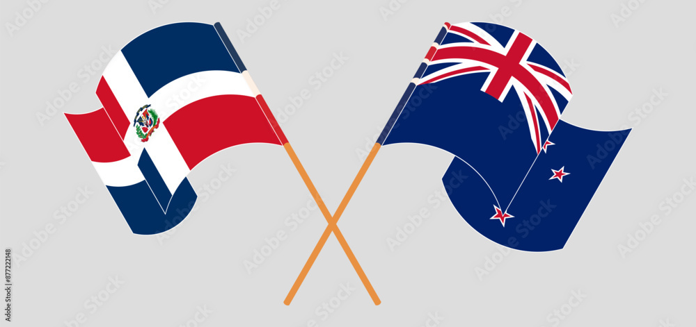 Crossed and waving flags of Dominican Republic and New Zealand Crossed and waving flags of Dominican Republic and New Zealand