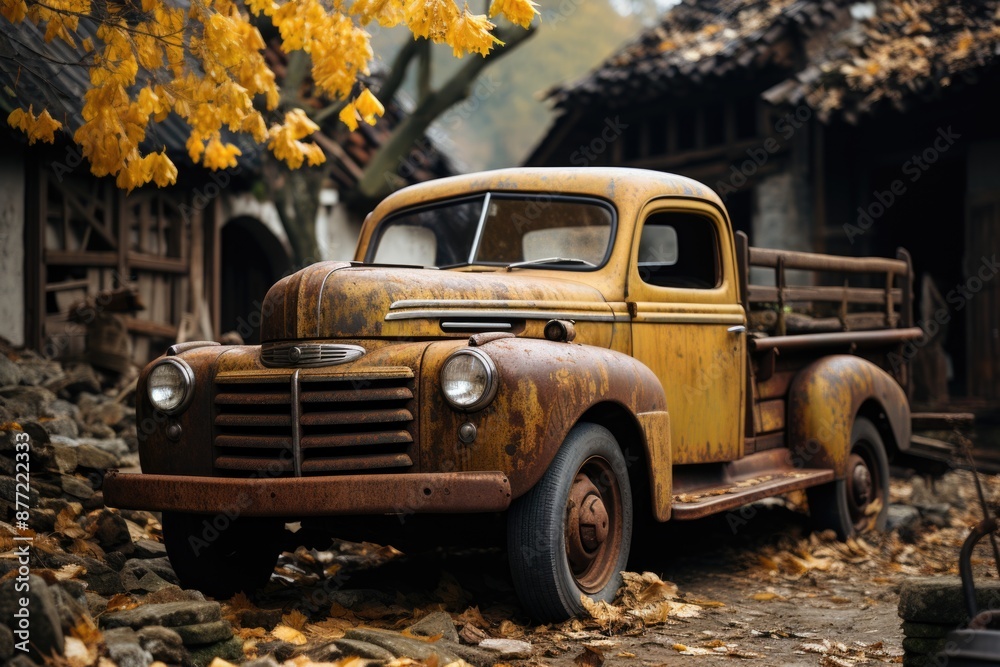 Obraz premium Towards the past the timeless beauty of vintage trucks in the rural scenario, generative IA