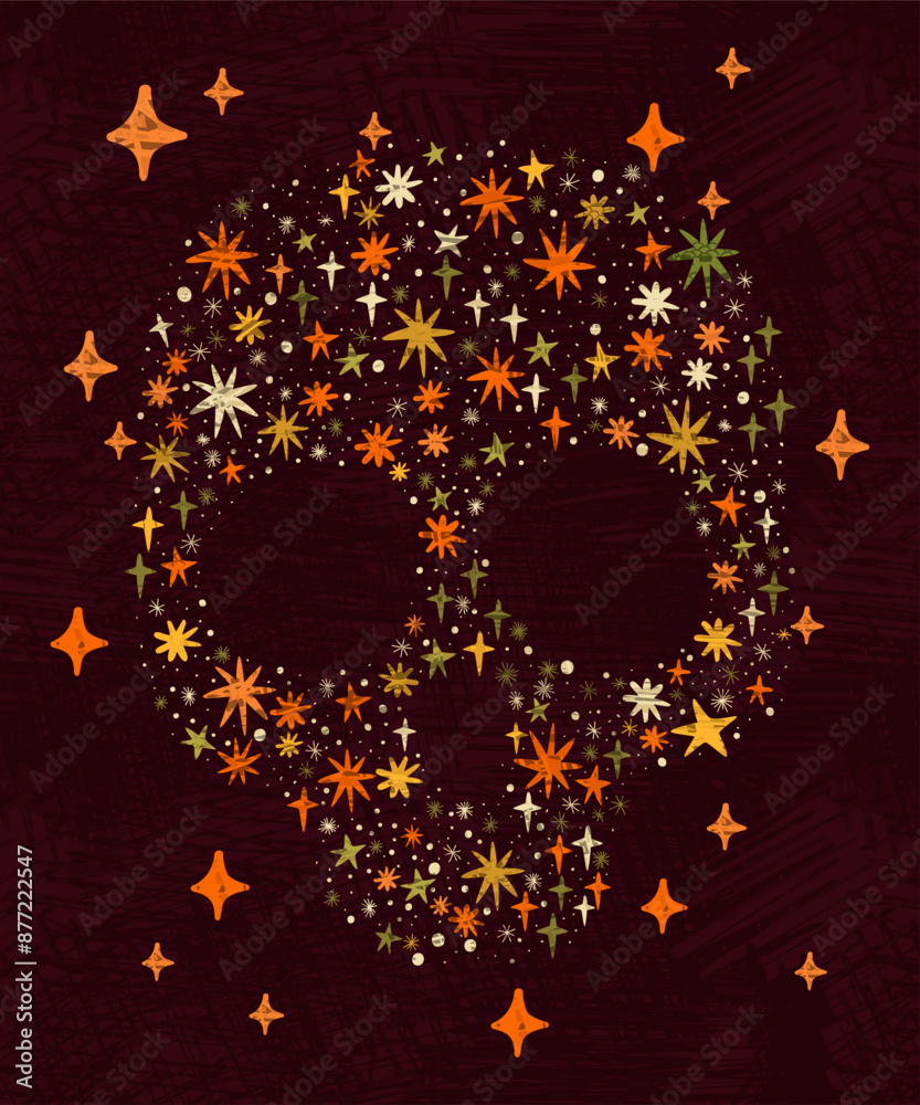 Fototapeta premium An artistic representation of a skull in vector formed by a myriad of colorful stars. The stars, in varying shades of orange, green, create a cosmic pattern against a dark textured background,