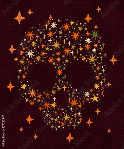 An artistic representation of a skull in vector formed by a myriad of colorful stars. The stars, in varying shades of orange, green, create a cosmic pattern against a dark textured background,