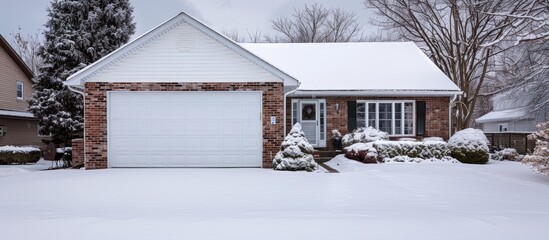 In winter a home s square white garage door stands out against the snowy roof and yard providing a serene copy space image