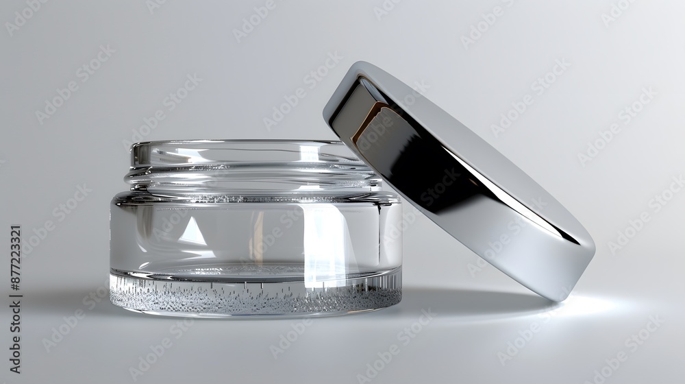 A clear glass jar with a silver lid, resting on a white surface, the lid partially unscrewed to reveal an empty and pristine interior, transparency and purity. A clear glass jar with a silver lid, resting on a white surface, the lid partially unscrewed to reveal an empty and pristine interior, transparency and purity.
