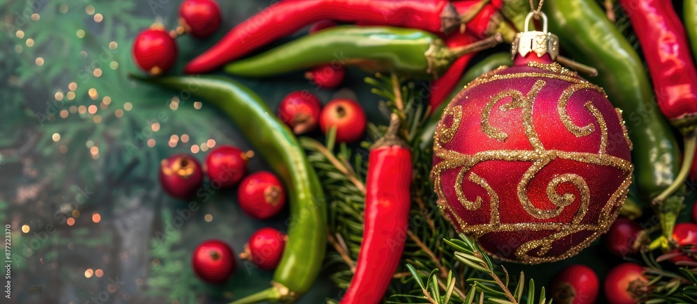 Minimalist Christmas greeting card with a top view of a Christmas ball on a background of green and red peppers featuring a copy space image Minimalist Christmas greeting card with a top view of a Christmas ball on a background of green and red peppers featuring a copy space image