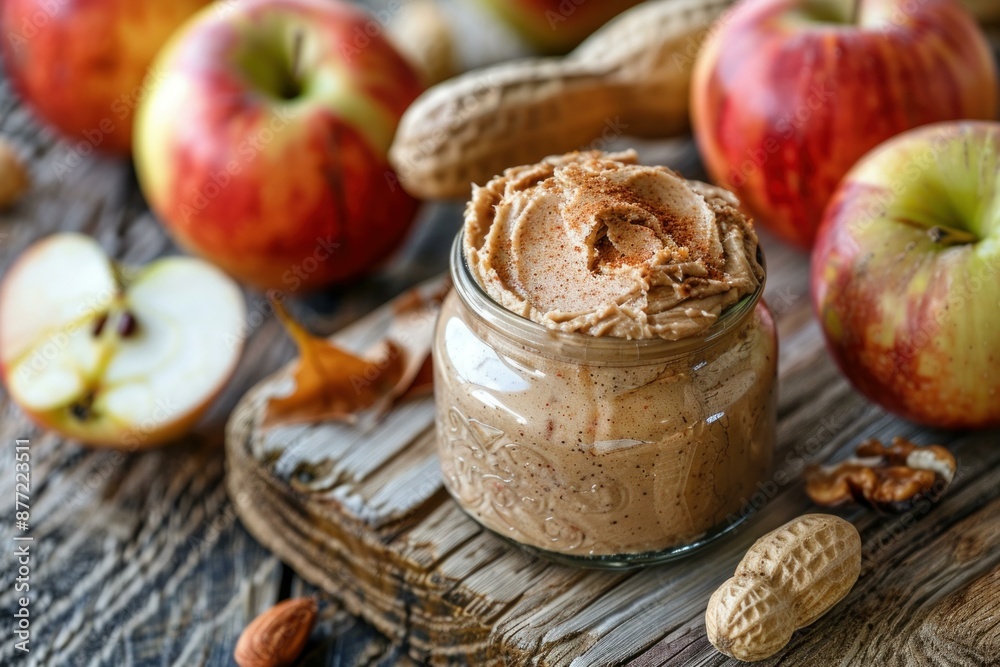 Rustic presentation of freshly made apple almond butter surrounded by whole apples Rustic presentation of freshly made apple almond butter surrounded by whole apples