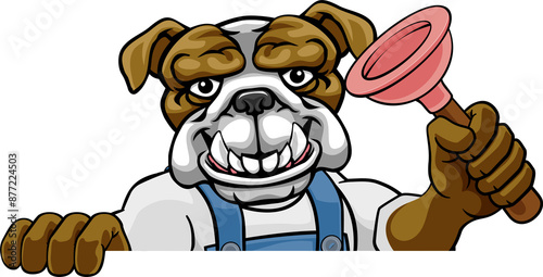 Bulldog Plumber Cartoon Mascot Holding Plunger photo