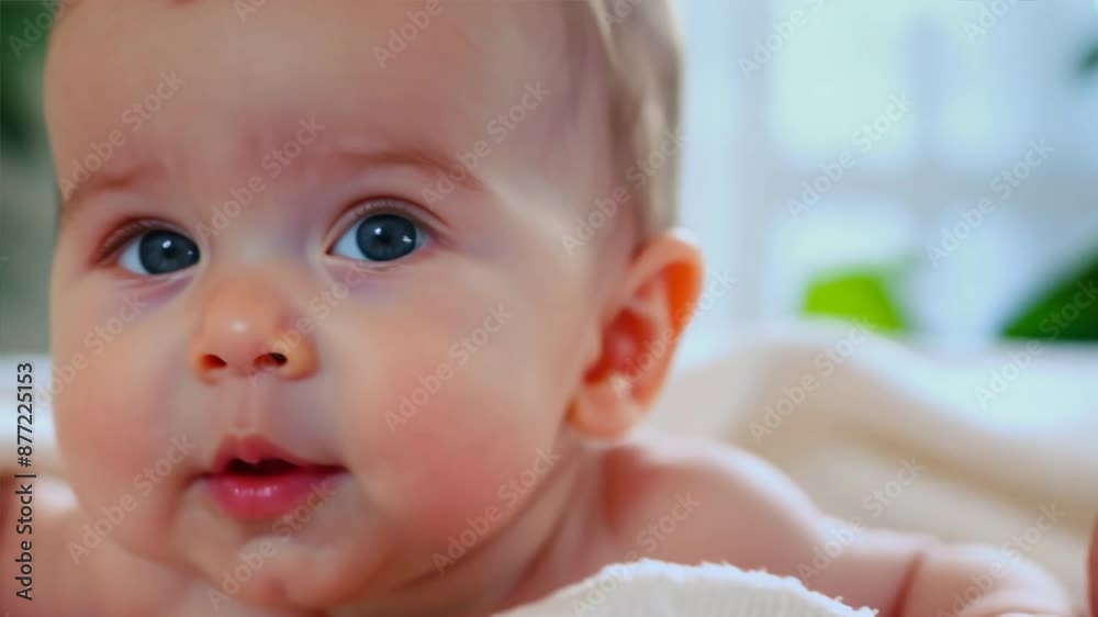 Adorable close-up portrait of a smiling baby boy on a blue bed