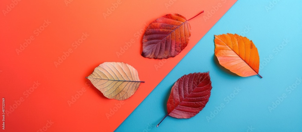 Minimalistic flat lay top view of three autumn leaves on a vibrant paper background with ample copy space image Minimalistic flat lay top view of three autumn leaves on a vibrant paper background with ample copy space image