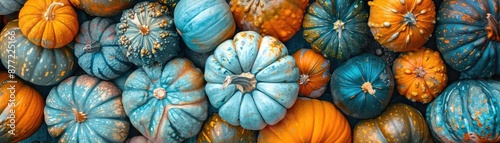 A colorful array of variously sized and hued pumpkins, showcasing vibrant blue and orange shades. Ideal for autumn and Halloween themed visuals. photo