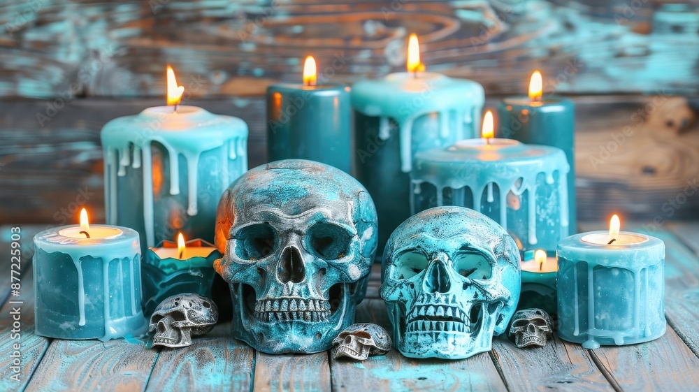 A spooky arrangement of blue candles and skulls on a rustic wooden surface creating a mysterious and eerie atmosphere. A spooky arrangement of blue candles and skulls on a rustic wooden surface creating a mysterious and eerie atmosphere.