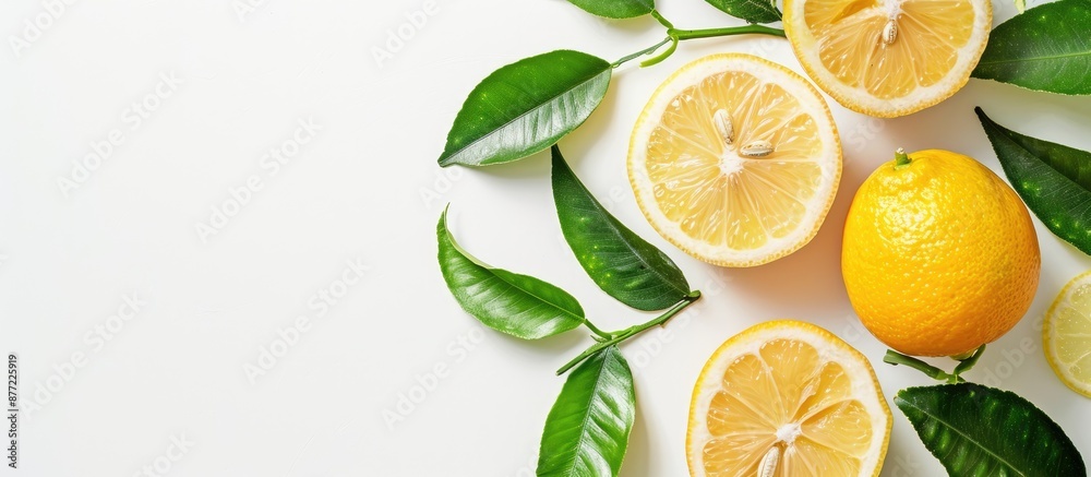 Lemon slice and fruit with leaves isolated on a white background with clipped copy space image Lemon slice and fruit with leaves isolated on a white background with clipped copy space image