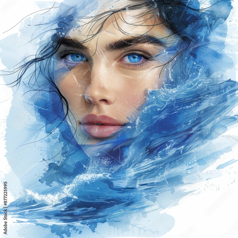 Artistic portrait of a woman with blue eyes, blending into an abstract watercolor ocean background. Serene and evocative imagery. Artistic portrait of a woman with blue eyes, blending into an abstract watercolor ocean background. Serene and evocative imagery.