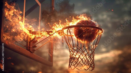 Dramatic shot of a flaming basketball going through the hoop at dusk, symbolizing intensity, passion, and competitive spirit in sports. photo