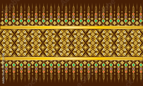 Thai ethnic pattern, golden floral pattern on an abstract brown background.