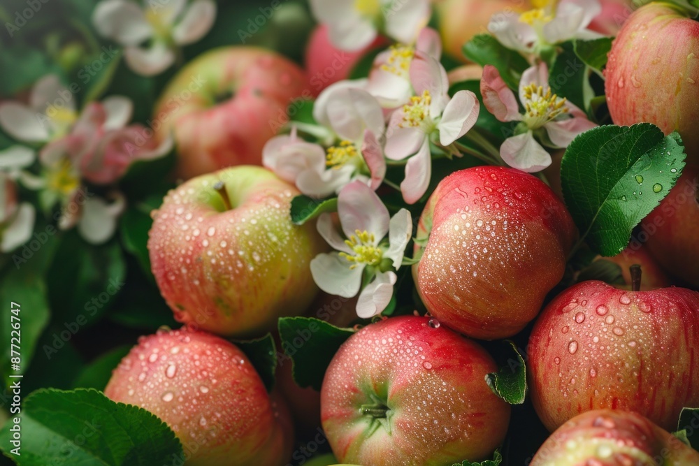 Closeup of dewkissed apples and delicate blossoms on an apple tree Closeup of dewkissed apples and delicate blossoms on an apple tree