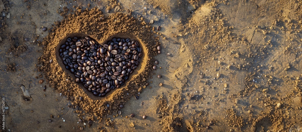 Obraz premium Coffee grains in heart shape on sandy surface expressing love for coffee arranged in a frame design with ample copy space viewed from above