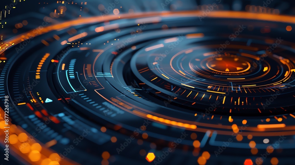 A futuristic turn table/ mixing desk, with data transmissions, orange and blue graphics, concept of making music online A futuristic turn table/ mixing desk, with data transmissions, orange and blue graphics, concept of making music online