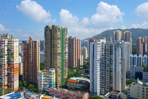 Urban Landscape with Dense Tower Buildings and Green Hills in the Background