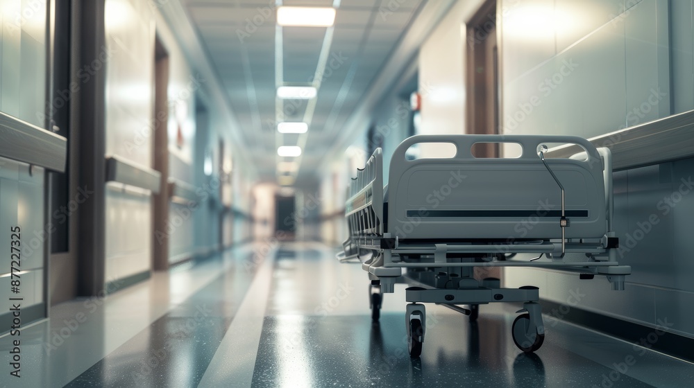 Obraz premium Night, hospital, bed in hallway, healthcare, wellness, furniture, ergonomics, help or risk. Surgical ward, clinic, or emergency service with bacteria or hygiene
