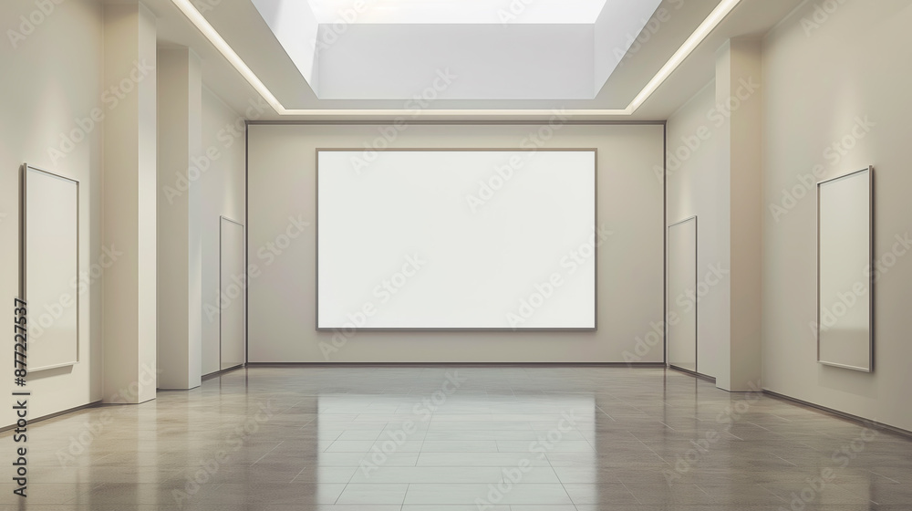 A large white display screen is mounted on a wall. Huge hall museum room with big white empty screen display for advertisement and design. White clear empty screen in big room mock up A large white display screen is mounted on a wall. Huge hall museum room with big white empty screen display for advertisement and design. White clear empty screen in big room mock up