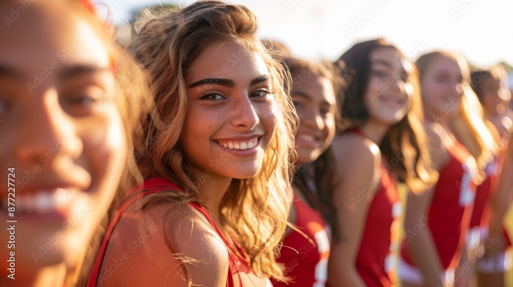 Girl cheerleader huddle with support, optimism, or faith on field in line. Cheerleading team with pride, aims, or cohesion Girl cheerleader huddle with support, optimism, or faith on field in line. Cheerleading team with pride, aims, or cohesion