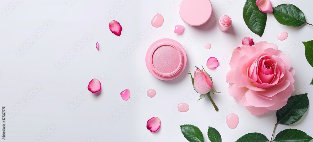 Pink Rose and Beauty Products on White Background Pink Rose and Beauty Products on White Background